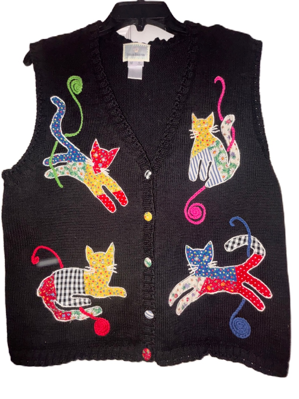 Vintage Susan Bristol Black Knit Crazy Cat Lady Vest Quilted Cats & Mouse M